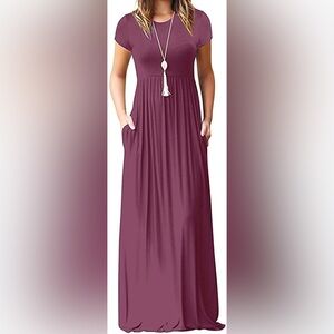 -Auselily Pink Rose Pockets Long Maxi Short Sleeve Dress Women’s Size X Small